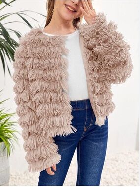 Sadie & Sage Beige Faux Fur Fringe Teddy Jacket